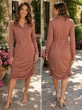 Guess Dusty Rose Long-Sleeve Ruched Midi Dress